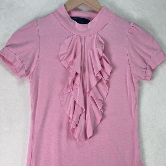 Y2K Scene Pink Barbiecore Ruffle Front Mock Neck Short Sleeve Blouse Size S Top - Picture 3 of 10